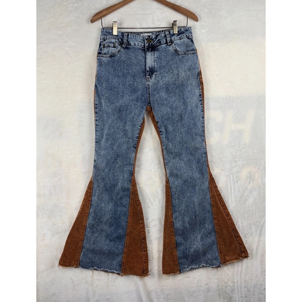 Oli and Hali Washed Patchwork Bell Bottom Corduroy Jeans Sz M Two Tone Flare Y2K
